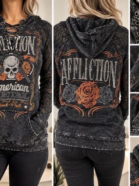 Affliction Black Distressed Lace-Up Hoodie with Rose & Skull Graphic